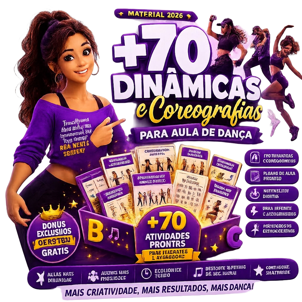 Mockup do material +70 Dinâmicas e Coreografias para Aula de Dança